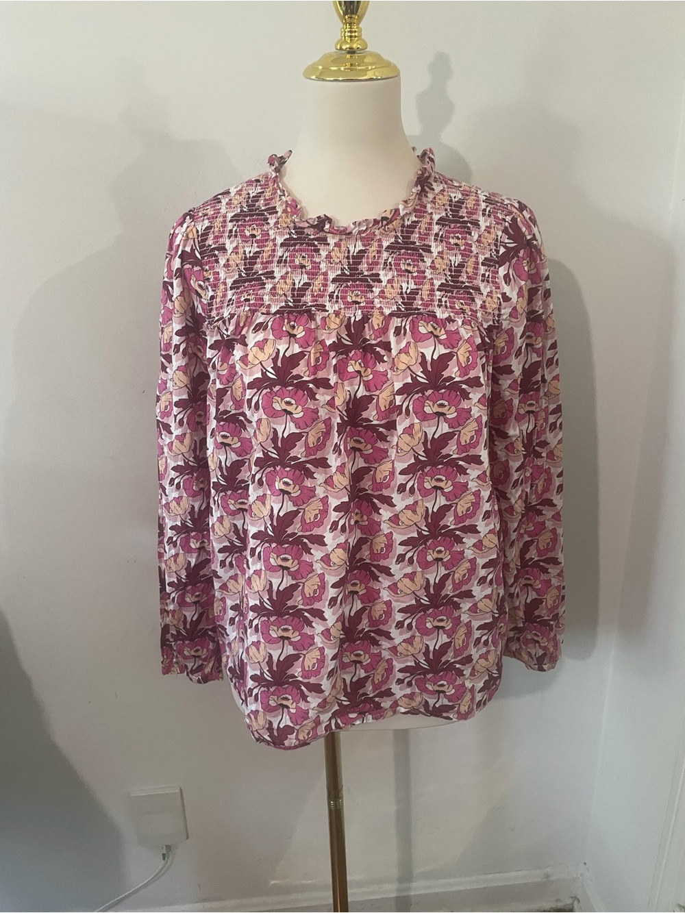 J Crew Liberty of London Pink Floral Smocked Yoke Blouse 100% Cotton